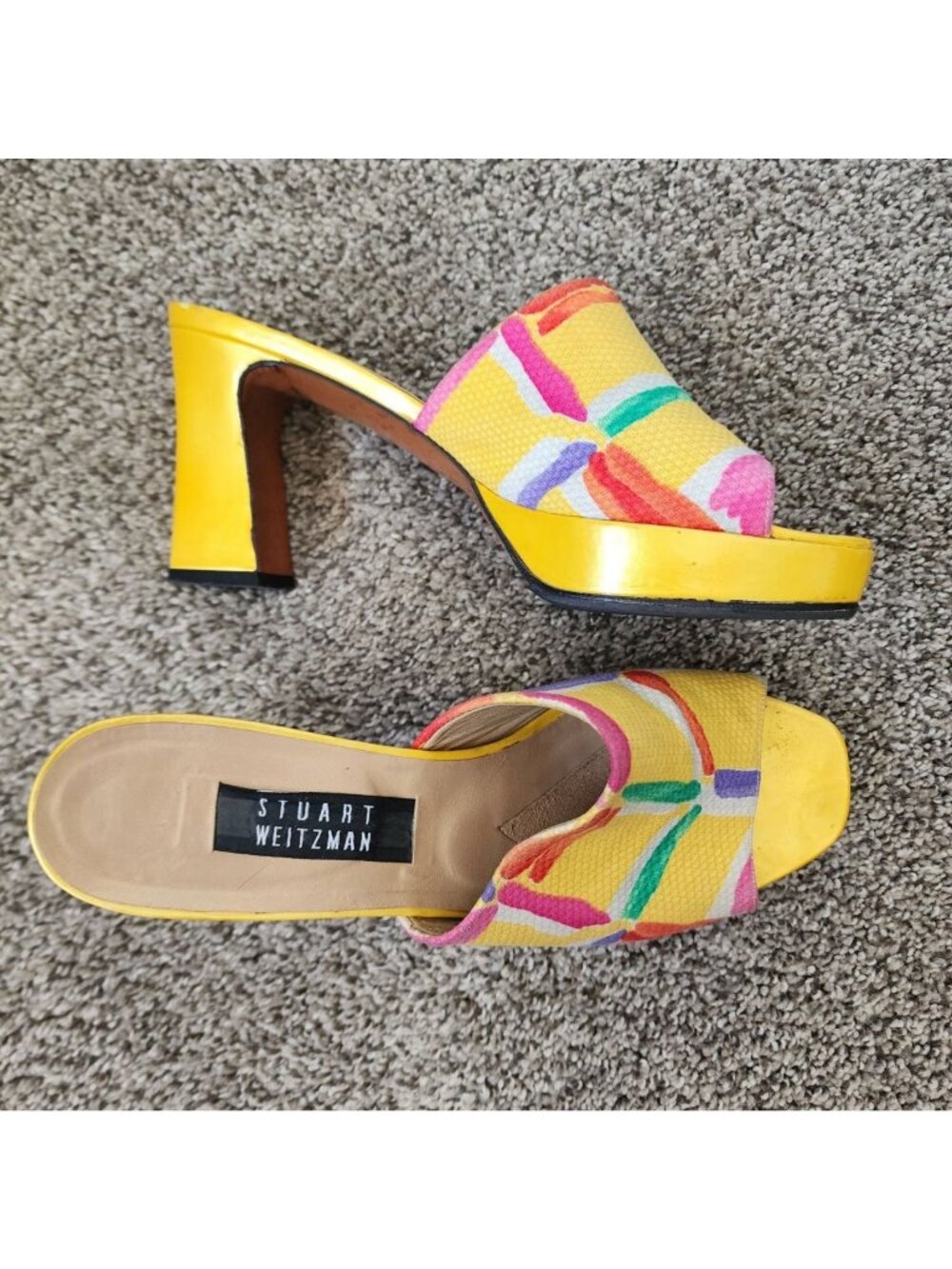 Stuart Weitzman yellow multicolor brush stroke slip on peep toe mule heels 8.5
